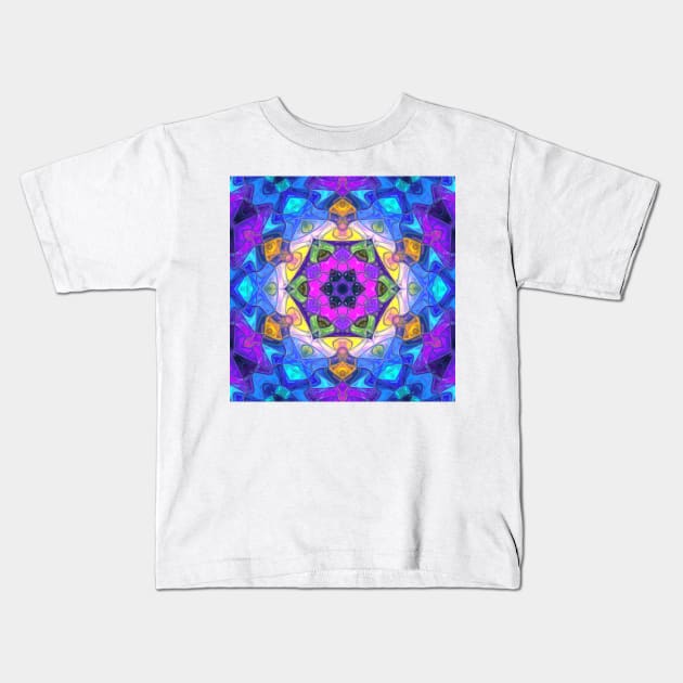 Mosaic Mandala Flower Purple Blue and Yellow Kids T-Shirt by WormholeOrbital